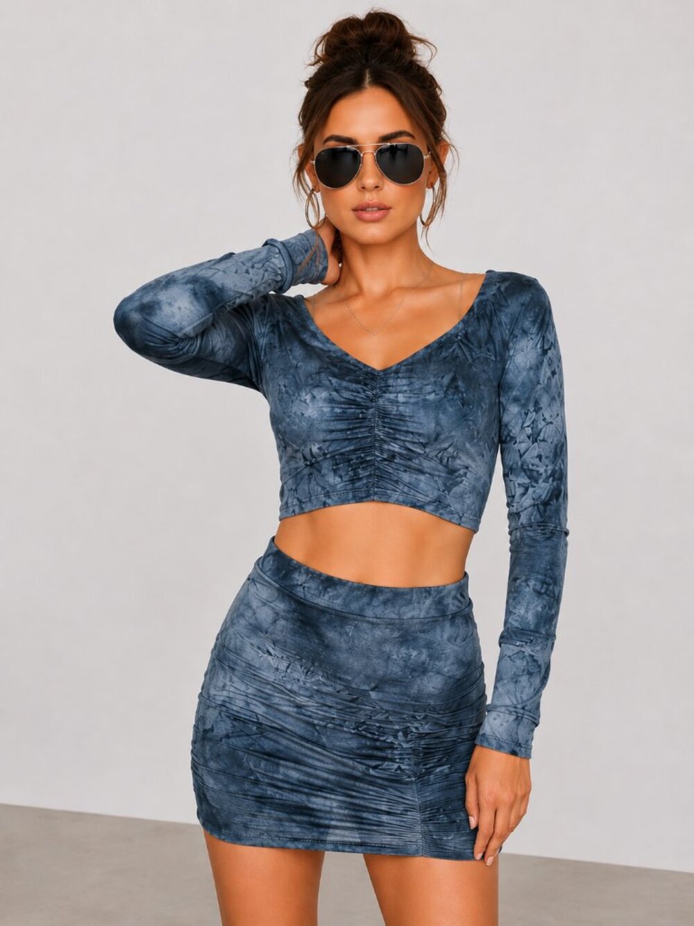 Washed Black Two Piece Mini Skirt Set Ruched Crop Top NWT